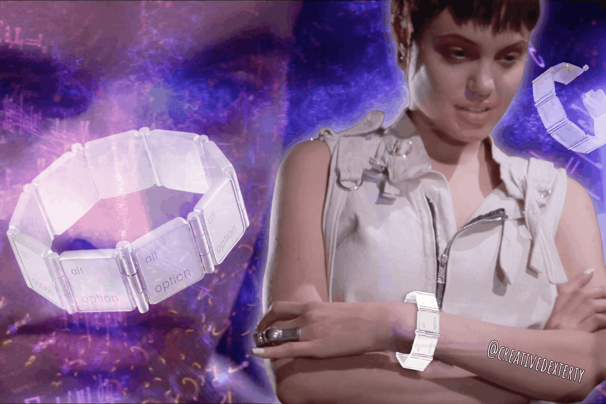 Characters wear Creative Dexterity Meme - Hacker (1995) characters Dade in background and Kate "Acid Burn" in front wearing Creative Dexterity's 'Alt Option' linked bracelet. - Photoshoped Meme by Lauren Anabela