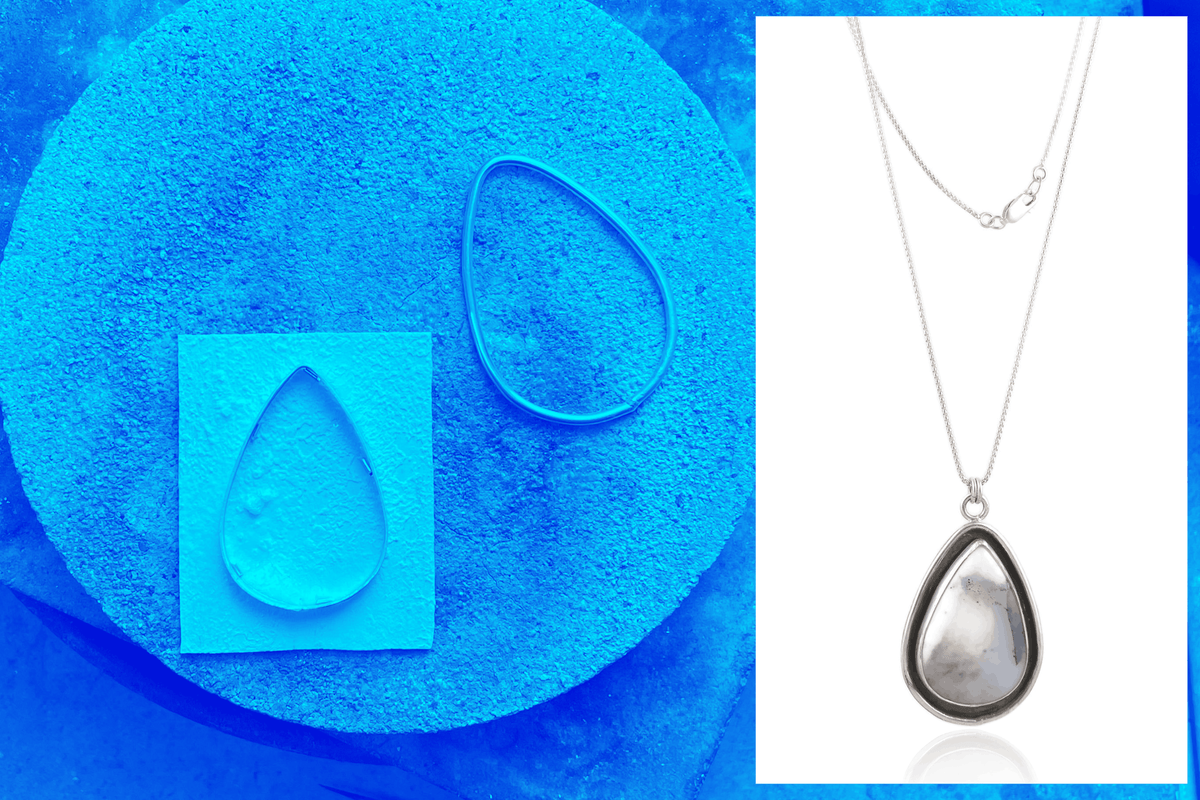 Process of a handmade sterling silver pendant with teardrop shaped gemstone.