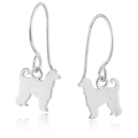 Sterling silver Afghan Hound dangle earrings with hand-sawed dog silhouettes and polished finish.