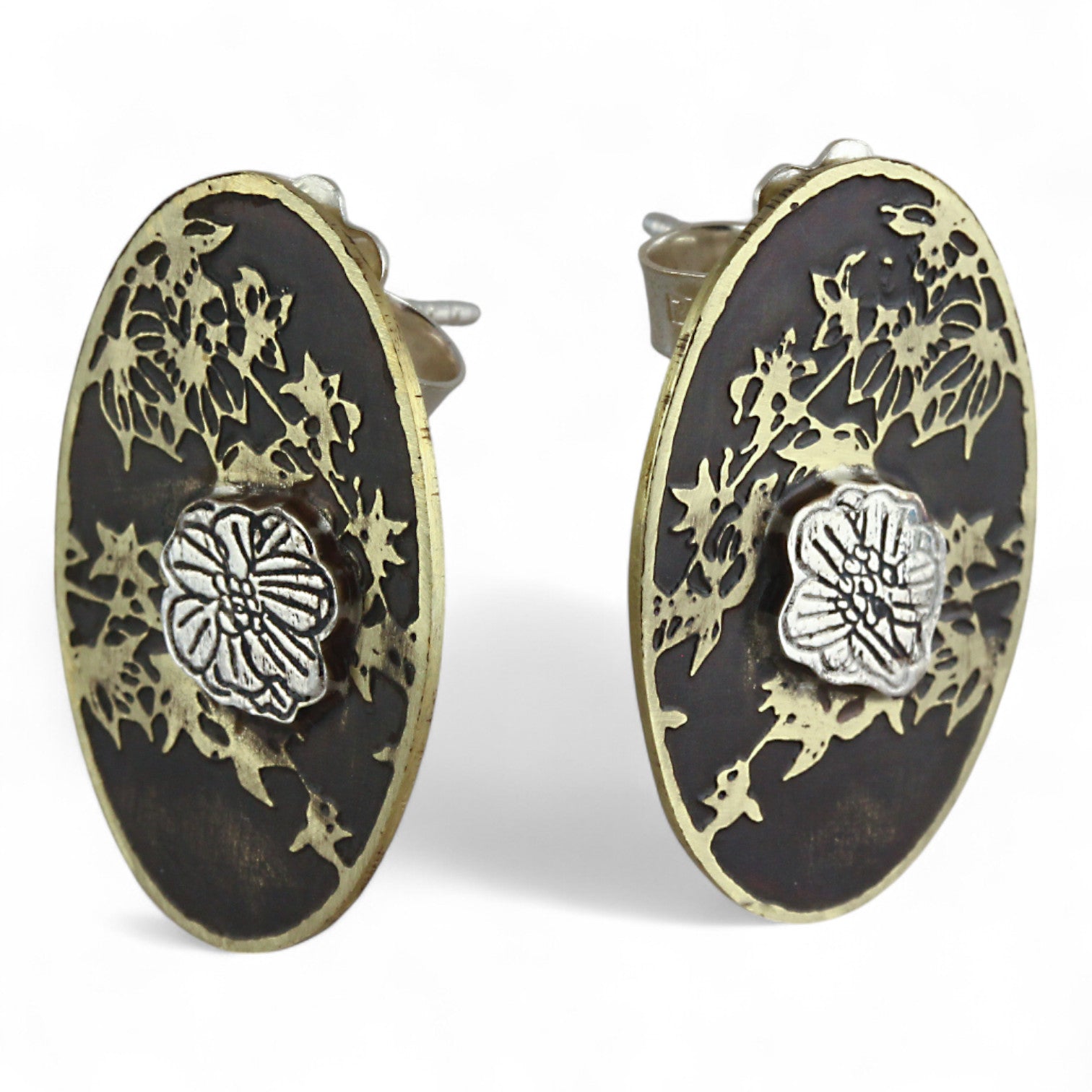 Botanical Wildflower Mixed Metal Oval Studs