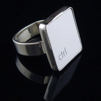 A silver ring featuring a white vertical rectangle with the lowercase letters 'ctrl', photographed on a reflective black surface.
