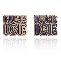 Two metallic 'FUCK ICE' pins on a white background. Front View