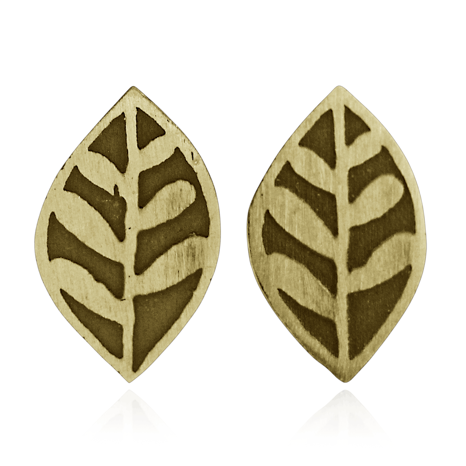 Pair of brass gold leaf-shaped earrings on a white background