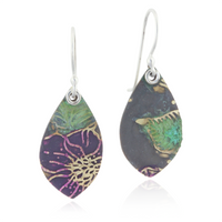 Teardrop-shaped earrings with floral pattern on a white background