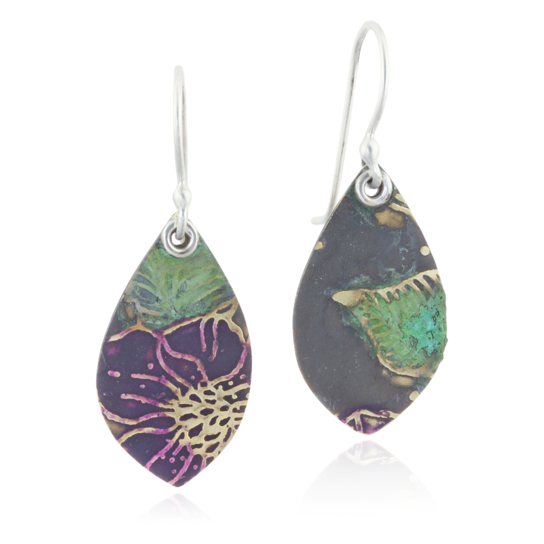 Teardrop-shaped earrings with floral pattern on a white background
