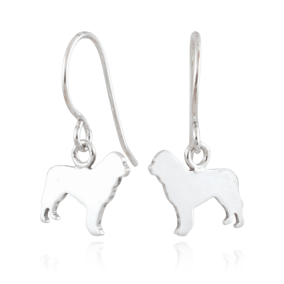 A pair of sterling silver drop earrings featuring the silhouette of a Newfoundlander dog, shown on a clean white background with a subtle reflection.