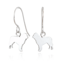 A pair of sterling silver drop earrings featuring the silhouette of a Newfoundlander dog, shown on a clean white background with a subtle reflection.