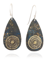 Colorful teardrop-shaped earrings with gold spiral design on a white background.