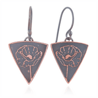 Triangular earrings with poppy floral design on a white background