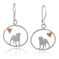 Sterling silver pug dangle earrings with copper heart accents inside oval frames