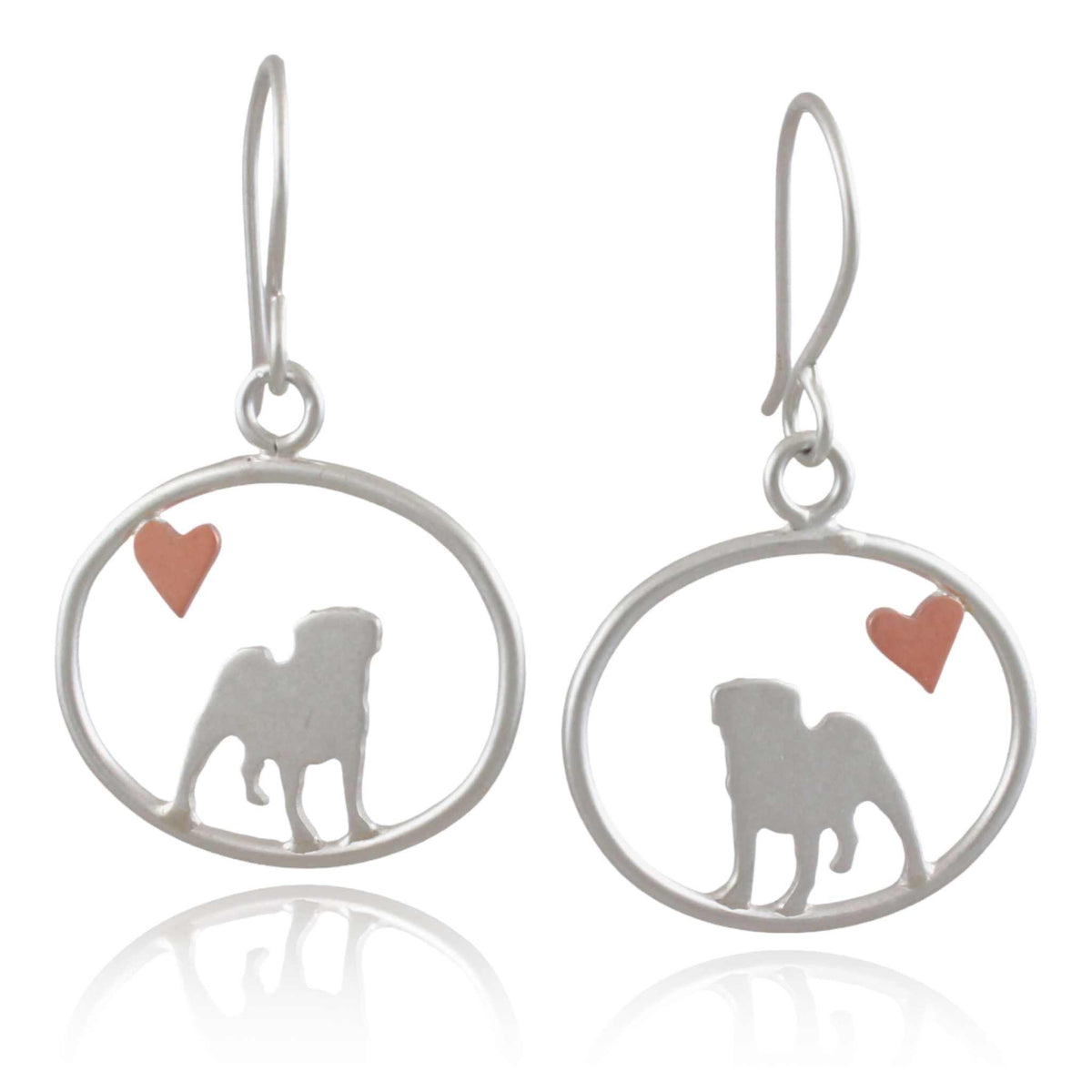Sterling silver pug dangle earrings with copper heart accents inside oval frames