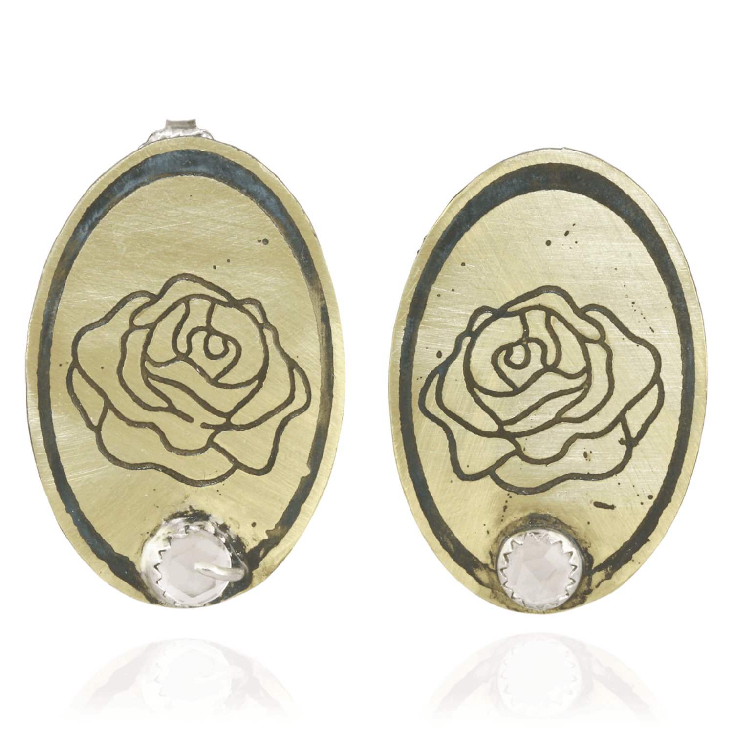 Nu gold pair of oval shaped earrings with rose design and rose quartz gemstone on a white background