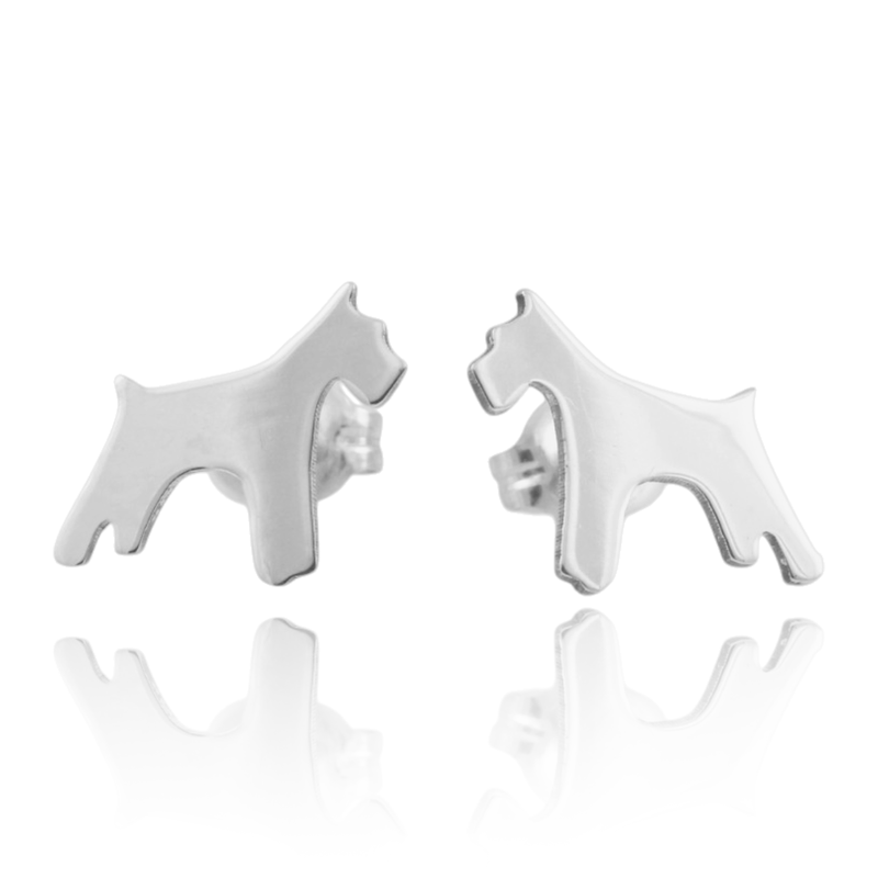 Silver dog-shaped Schnauzer breed earrings on a white background.