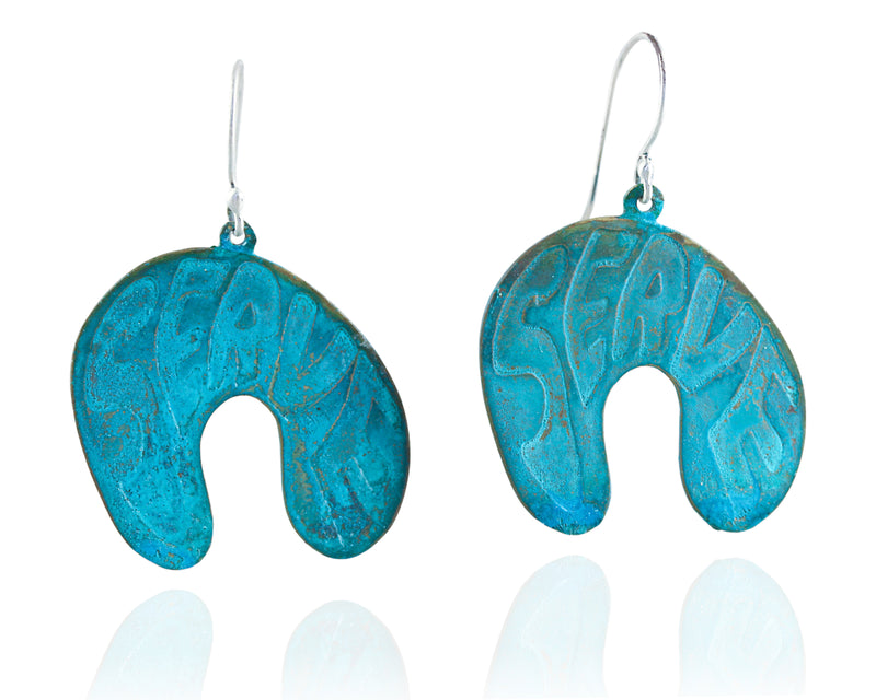 SERVE: Bubble Arch brass dangle earrings with patina: front. 10% of each SERVE sales will be donated to a LGBTQ+ youth charity.