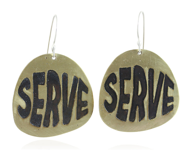 SERVE brass bubble dangle earrings. Front. 10% of each SERVE sales will be donated to a LGBTQ+ youth charity.