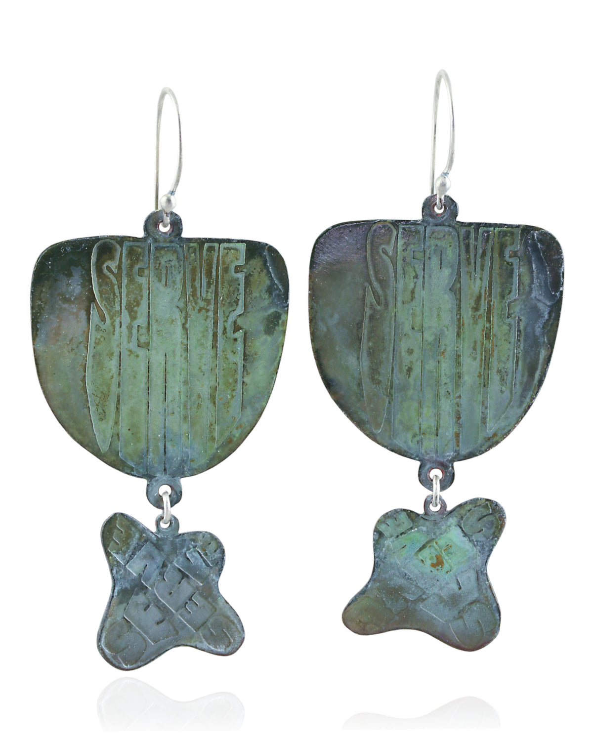 SERVE: Double n Bubble X brass dangle earrings with patina: front. 10% of each SERVE sales will be donated to a LGBTQ+ youth charity. - Original Colors