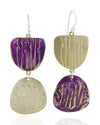 SERVE double brass dangle earrings with purple patina: front. 10% of each SERVE sales will be donated to a LGBTQ+ youth charity.