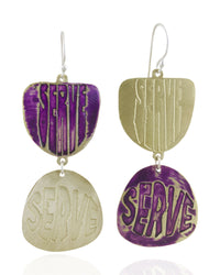 SERVE double brass dangle earrings with purple patina: front. 10% of each SERVE sales will be donated to a LGBTQ+ youth charity.