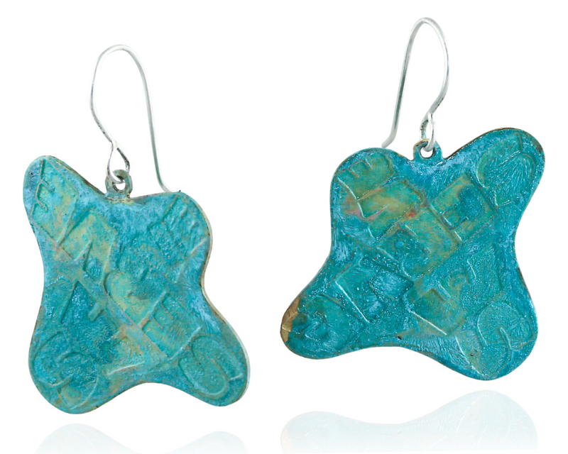 SERVE: Double Bubble X brass dangle earrings with patina: front. 10% of each SERVE sales will be donated to a LGBTQ+ youth charity.