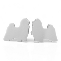Silver Shih Tzu Long Haired dog-shaped earrings on a white background