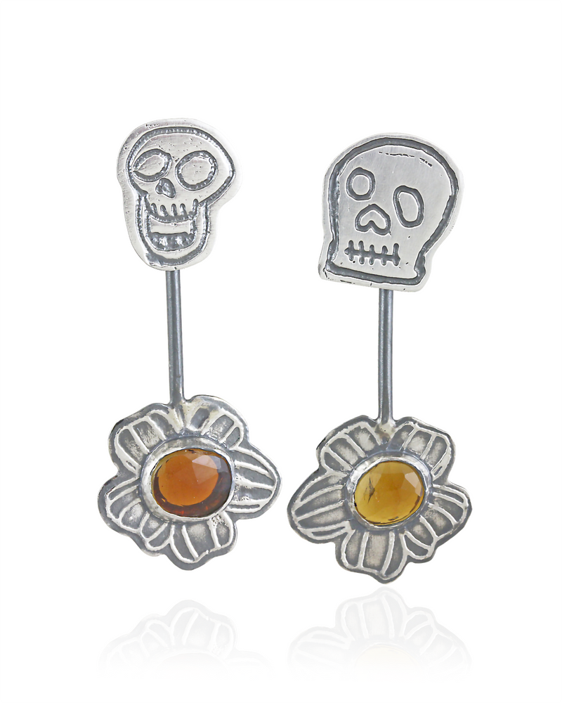 Skull Stud Earrings with Kinetic Tourmaline Wildfower - Hanging Front View