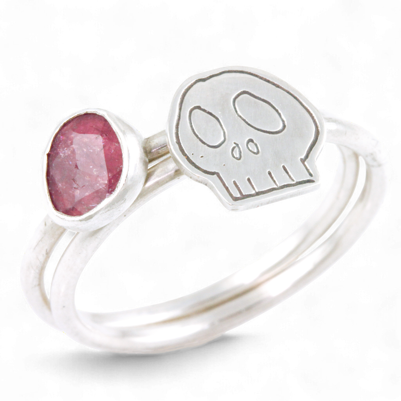Pink Tourmaline Skull Stackable Ring: Size 10.5 by Creative Dexterity. Front View