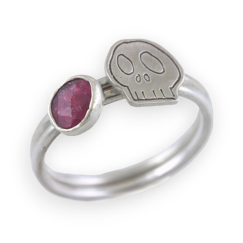 Skull Pink Tourmaline Stackable Ring: Size 10.5