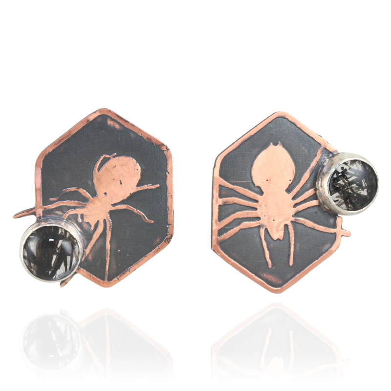 Spider Black Rutile Crystal Orb Hexagon Studs - Front View
