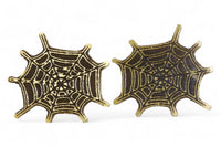 Front view of brass spider web earring studs.