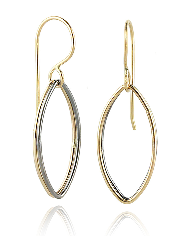 14k gold and oxidized sterling silver earrings on a white background