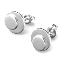 Sterling silver polka dot button earrings on a white background.