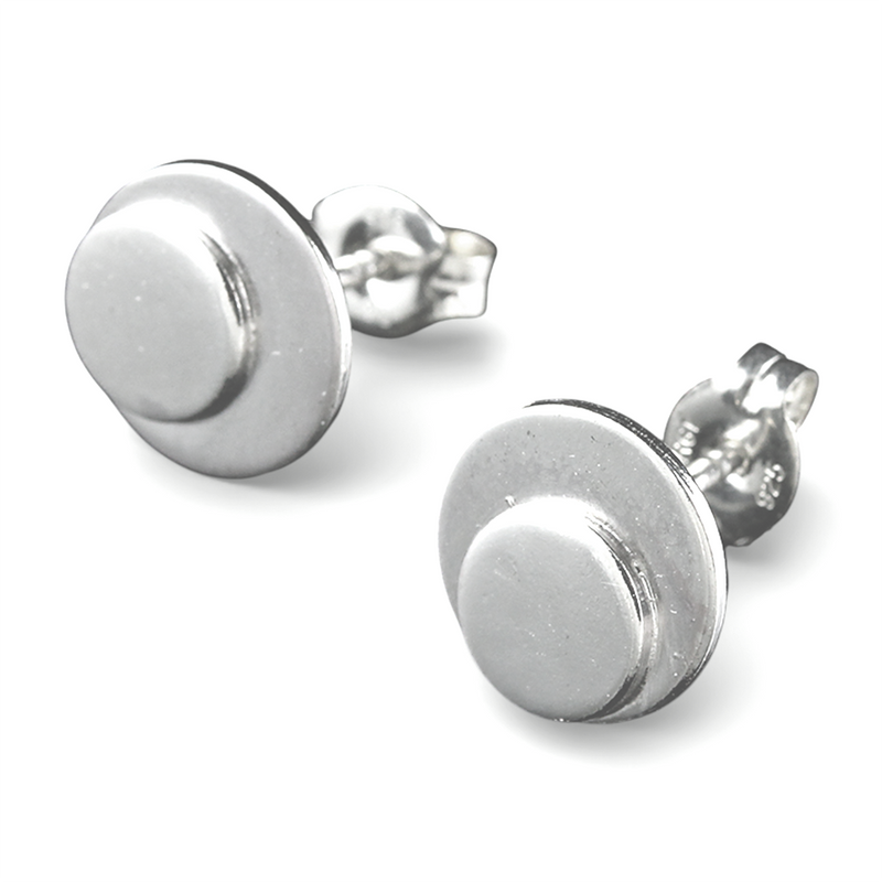 Sterling silver polka dot button earrings on a white background.