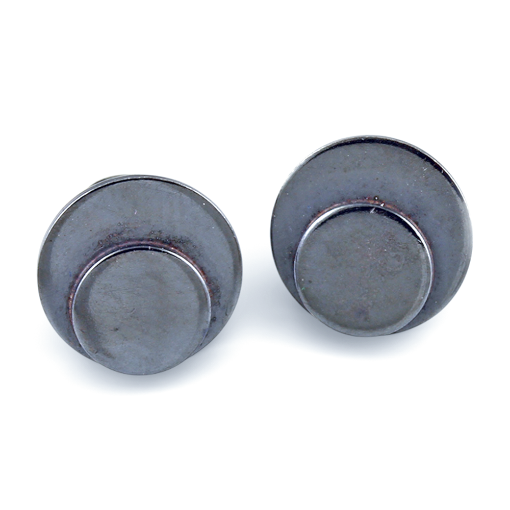 Oxidized sterling silver polka dot button earrings on a white background.