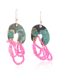 Colorful arch shaped dangle earrings with hot pink beads on a white background.