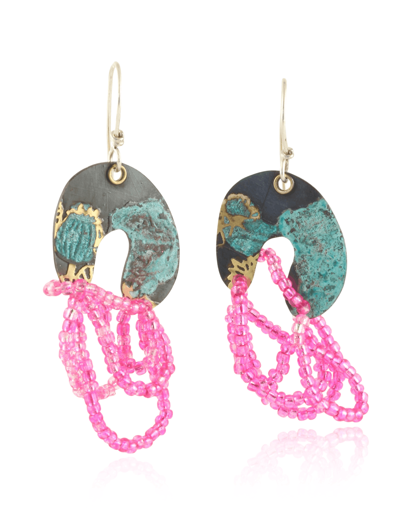 Colorful arch shaped dangle earrings with hot pink beads on a white background.