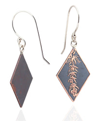 Pair of diamond-shaped earrings with floral vine design on the front on a white background. - Side Back and Front View