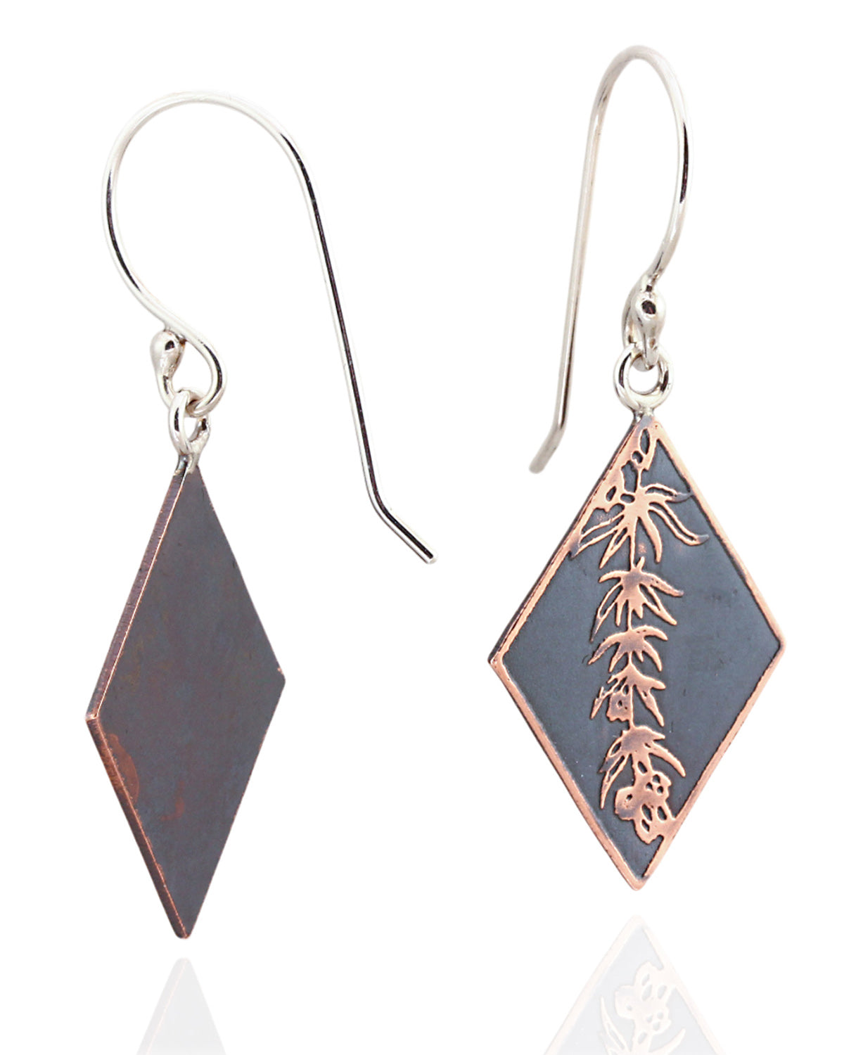 Pair of diamond-shaped earrings with floral vine design on the front on a white background. - Side Back and Front View