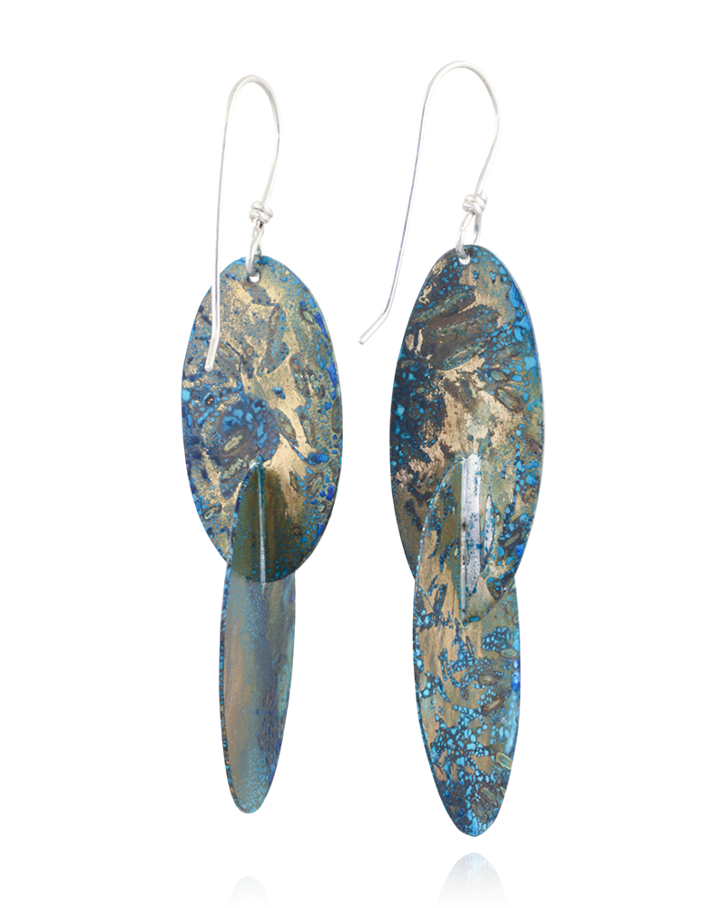 Pair of earrings with blue and gold confetti design on a white background.