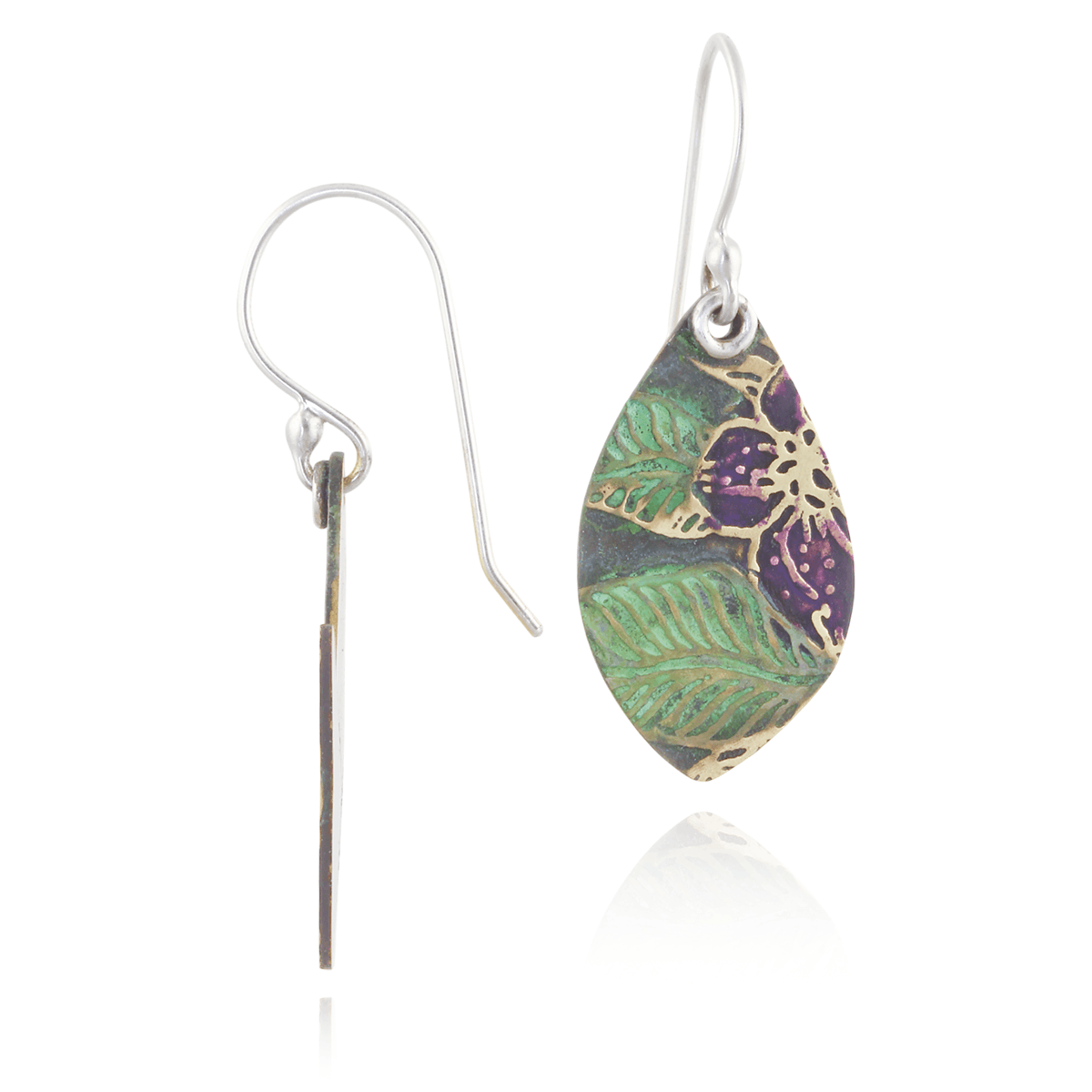 Leaf-shaped earrings with floral pattern on a white background