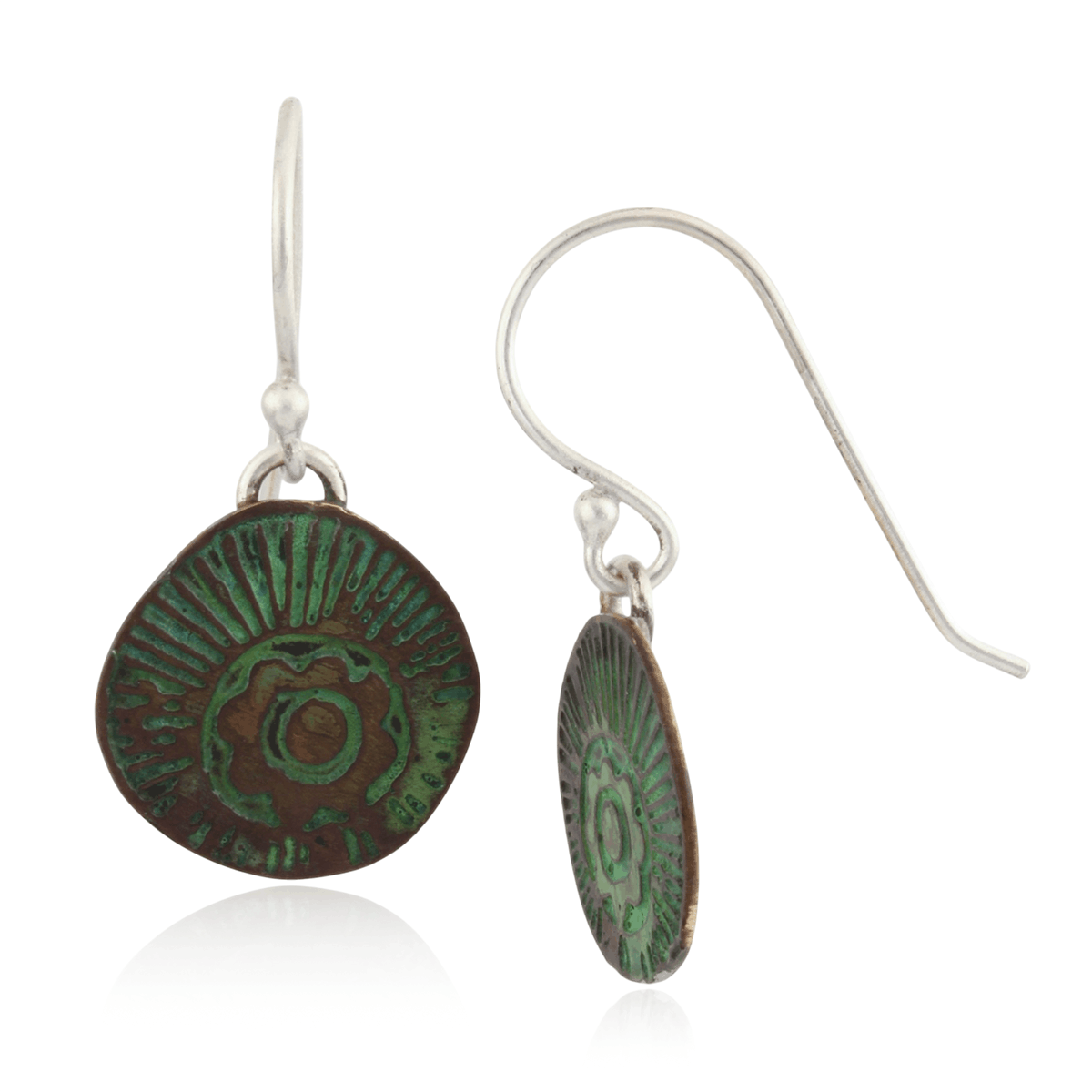 Pair of earrings with green circular designs on a white background