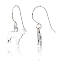 A pair of silver French hook drop earrings featuring a small dog silhouette charm, shown from the front and side on a reflective white surface.