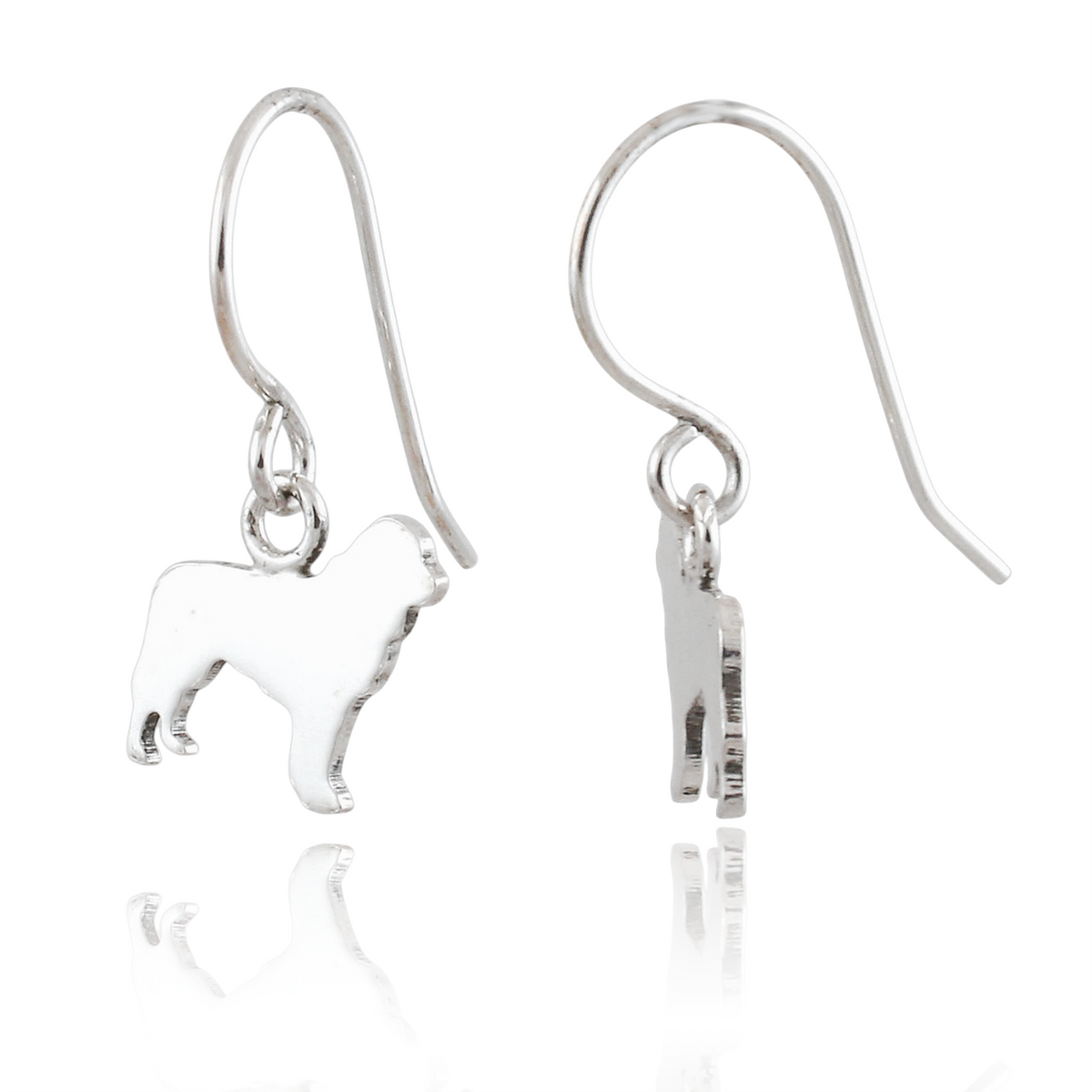 A pair of silver French hook drop earrings featuring a small dog silhouette charm, shown from the front and side on a reflective white surface.