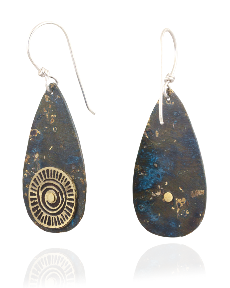 Colorful teardrop-shaped earrings with gold spiral design on a white background.