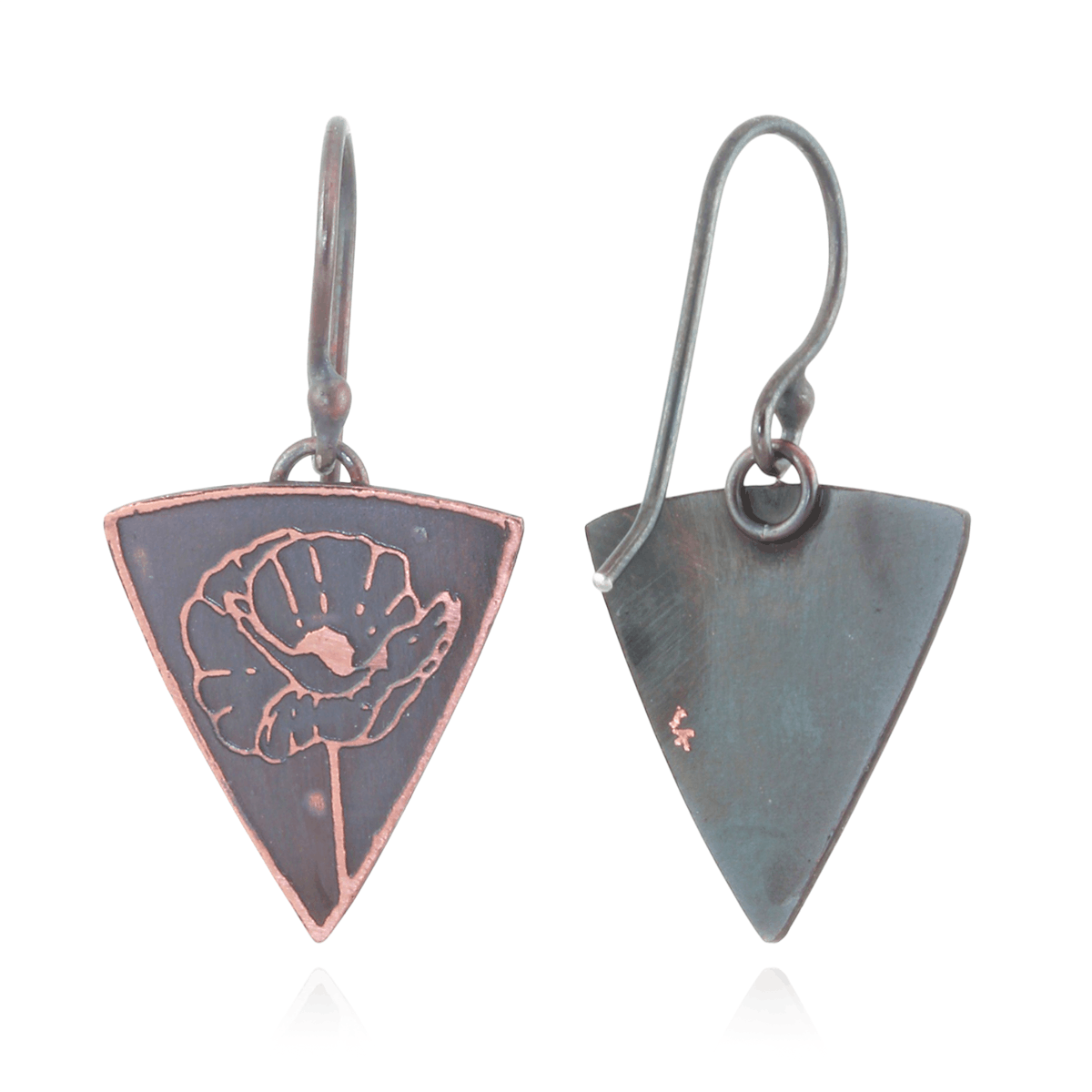 Triangular earrings with poppy floral design on a white background