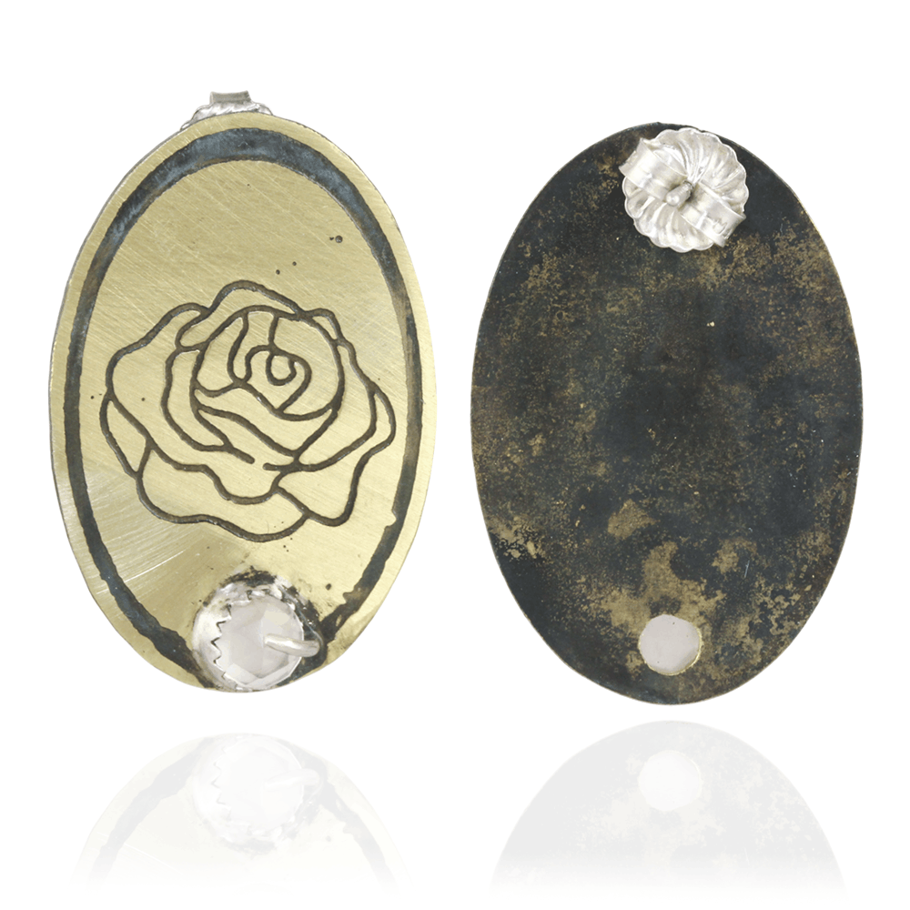 Nu gold pair of oval shaped earrings with rose design and rose quartz gemstone on a white background