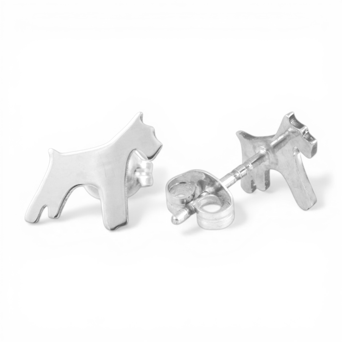 Silver dog-shaped Schnauzer breed earrings on a white background.