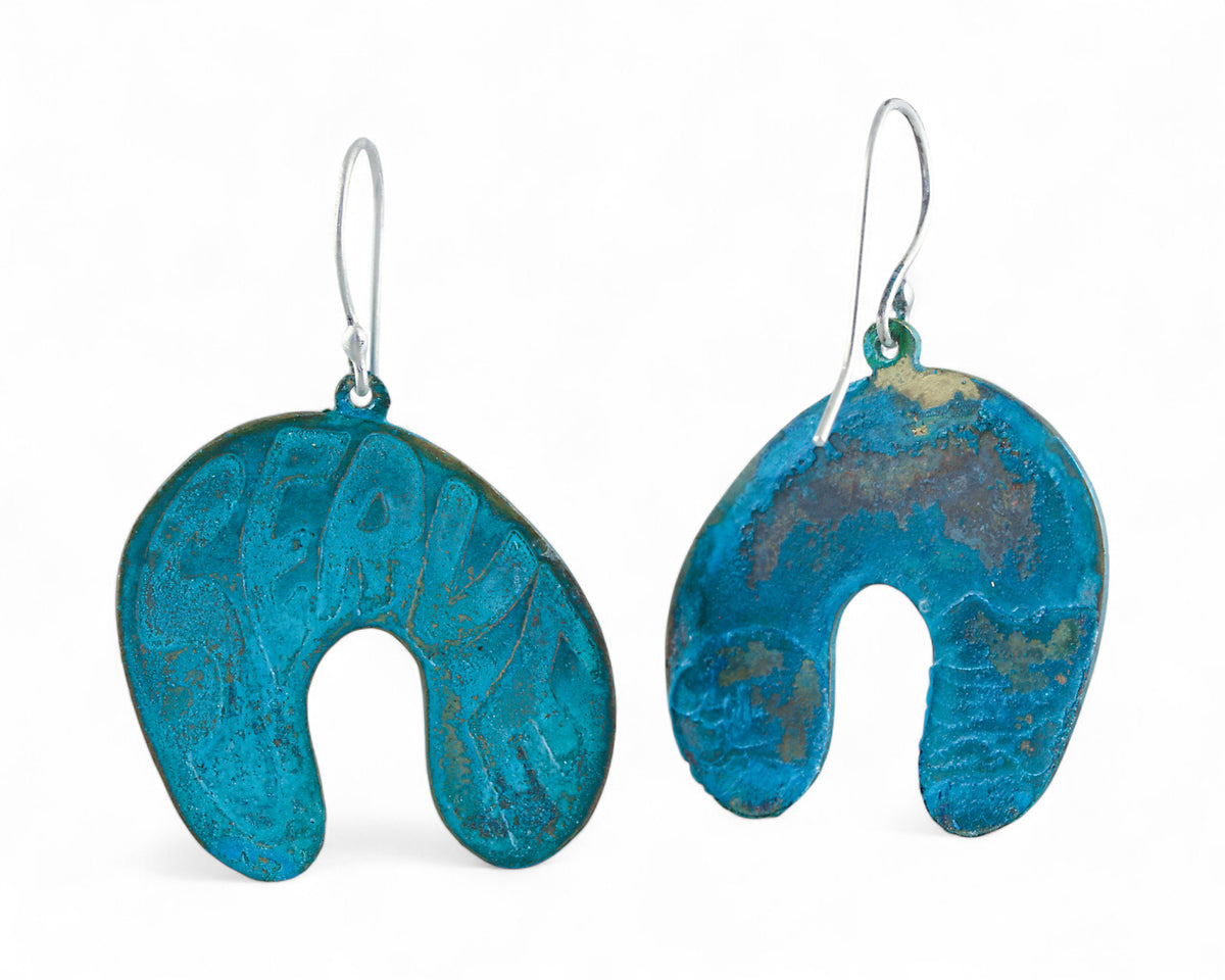 SERVE: Bubble Arch brass dangle earrings with patina: front and back. 10% of each SERVE sales will be donated to a LGBTQ+ youth charity.
