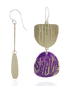 SERVE double brass dangle earrings with purple patina: side and front. 10% of each SERVE sales will be donated to a LGBTQ+ youth charity.