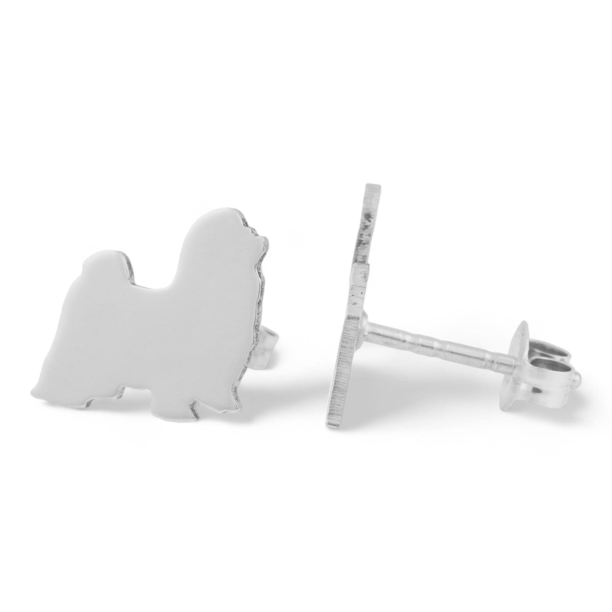 Silver Shih Tzu Long Haired dog-shaped earrings on a white background