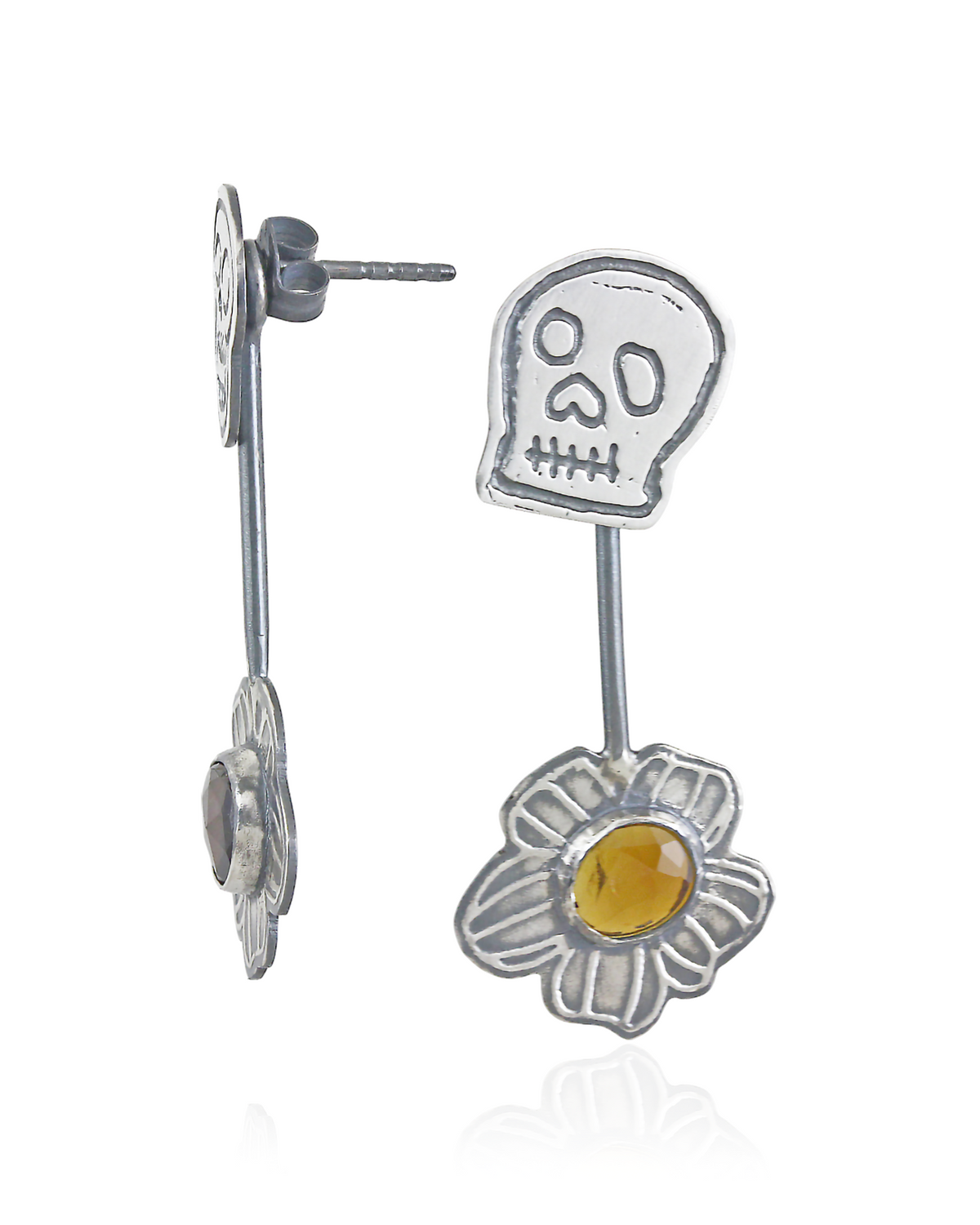 Skull Stud Earrings with Kinetic Tourmaline Wildfower - Hanging Side and Front View